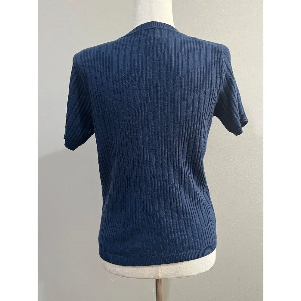VTG Alfred Dunner Cardigan Sweater Womens M Navy Layered Short Sleeve